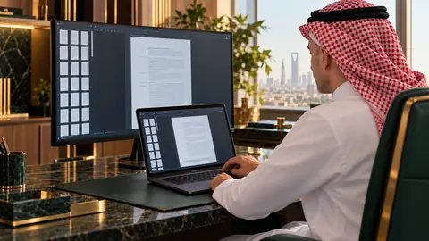 المحامي مشعل سليمان الربيش يدرس ملف قضية إلكترونيًا في مشهد توضيحي