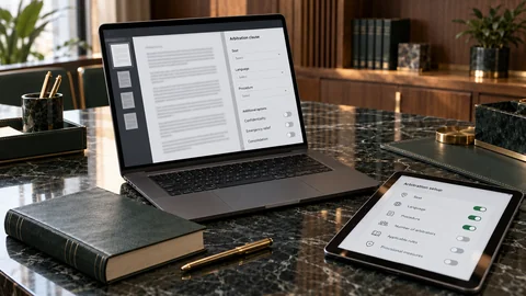 Illustrative elektronische Prüfung zu „Eine Schiedsklausel ist eine Entscheidung vor dem Streitfall“ auf einem schwarzen Laptop an einem grünen Marmorschreibtisch