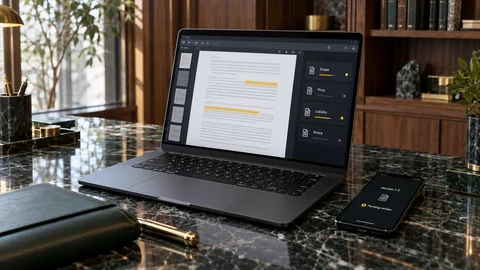 Illustrative elektronische Prüfung zu „Vor der Unterschrift: Was sollte die Vertragsprüfung umfassen?“ auf einem schwarzen Laptop an einem grünen Marmorschreibtisch