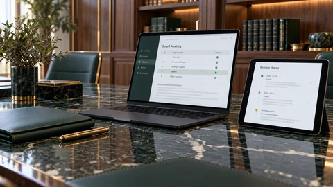 Illustrative elektronische Prüfung zu „Sie haben dem Beschluss des Verwaltungsrats widersprochen: Wurde Ihr Widerspruch protokolliert?“ auf einem schwarzen Laptop an einem grünen Marmorschreibtisch