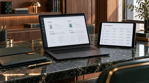 Illustrative elektronische Prüfung zu „Das Unternehmen ändert seine Rechtsform: Was geschieht mit Schulden und Verträgen?“ auf einem schwarzen Laptop an einem grünen Marmorschreibtisch