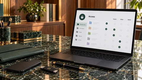 Illustrative elektronische Prüfung zu „Vertraulichkeit beginnt mit geordneten Zugriffsrechten“ auf einem schwarzen Laptop an einem grünen Marmorschreibtisch