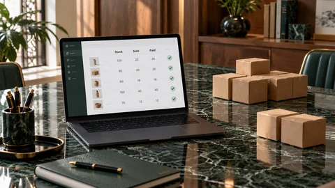 Illustrative elektronische Prüfung zu „Kommissionsgeschäft oder endgültiger Verkauf: Was haben Sie vereinbart?“ auf einem schwarzen Laptop an einem grünen Marmorschreibtisch
