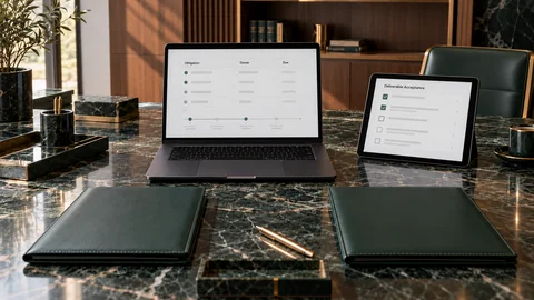 Illustrative elektronische Prüfung zu „Ein guter Vertrag schützt die Geschäftsbeziehung“ auf einem schwarzen Laptop an einem grünen Marmorschreibtisch
