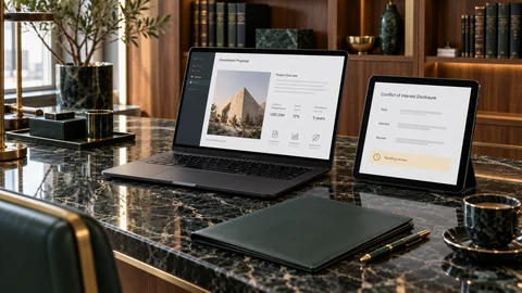 Illustrative elektronische Prüfung zu „Eine Investitionsmöglichkeit erreicht ein Mitglied der Geschäftsleitung – wem steht sie zu?“ auf einem schwarzen Laptop an einem grünen Marmorschreibtisch