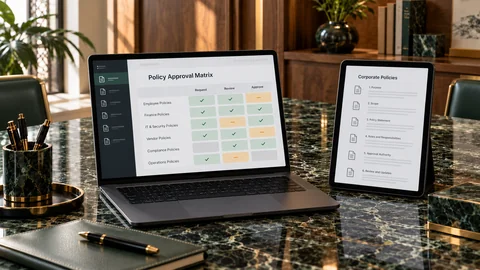 Illustrative elektronische Prüfung zu „Unternehmensrichtlinien und Befugnismatrizen: Governance zum Schutz des Unternehmens und für geordnete Entscheidungen“ auf einem schwarzen Laptop an einem grünen Marmorschreibtisch