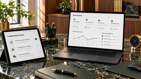 Illustrative elektronische Prüfung zu „Verbesserungspläne in Unternehmen: Wann erfordern Reformen eine Überprüfung der Führung?“ auf einem schwarzen Laptop an einem grünen Marmorschreibtisch