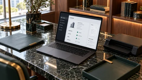 Illustrative elektronische Prüfung zu „Kundenunterlagen vor Verkäufen auf Kredit“ auf einem schwarzen Laptop an einem grünen Marmorschreibtisch