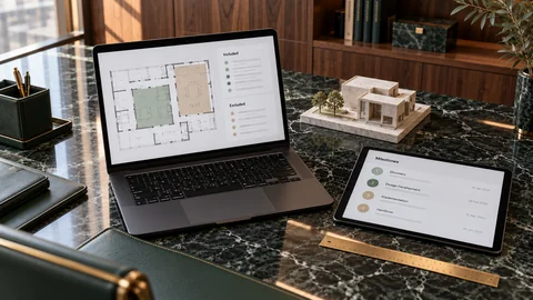 Illustrative elektronische Prüfung zu „Den Leistungsumfang festlegen, bevor Erwartungen auseinandergehen“ auf einem schwarzen Laptop an einem grünen Marmorschreibtisch