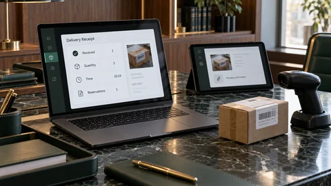 Illustrative elektronische Prüfung zu „Empfangsbestätigungen: Kleine Dokumente mit großer Wirkung“ auf einem schwarzen Laptop an einem grünen Marmorschreibtisch