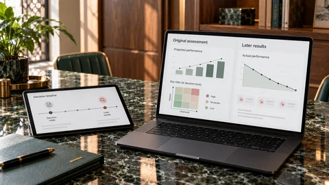 Illustrative elektronische Prüfung zu „Das Unternehmen hat Verluste erlitten – hat die Geschäftsleitung einen Fehler gemacht?“ auf einem schwarzen Laptop an einem grünen Marmorschreibtisch