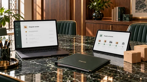 Illustrative elektronische Prüfung zu „Ein Rechtsstreit muss die Zusammenarbeit nicht beenden“ auf einem schwarzen Laptop an einem grünen Marmorschreibtisch