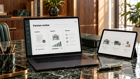 Illustrative elektronische Prüfung zu „Prüfen Sie vor einer Partnerschaft die Fähigkeit zur Leistungserbringung“ auf einem schwarzen Laptop an einem grünen Marmorschreibtisch