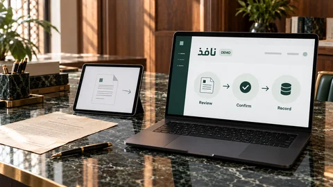 Illustrative elektronische Prüfung zu „Von Papierwechseln zu elektronischen Wechseln über Nafith“ auf einem schwarzen Laptop an einem grünen Marmorschreibtisch