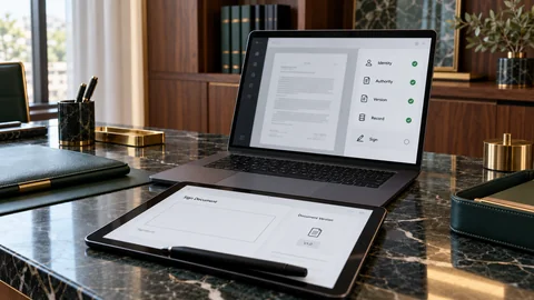 Illustrative elektronische Prüfung zu „Elektronisches Unterzeichnen ist mehr als ein Bild der Unterschrift“ auf einem schwarzen Laptop an einem grünen Marmorschreibtisch