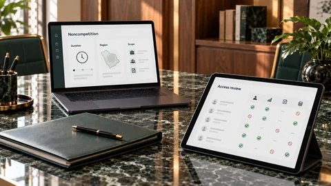 Illustrative elektronische Prüfung zu „Ein Kunde folgt einem ehemaligen Mitarbeiter: Ist das verbotener Wettbewerb?“ auf einem schwarzen Laptop an einem grünen Marmorschreibtisch