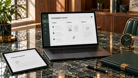 Illustrative elektronische Prüfung zu „Ein Untersuchungsprotokoll, das Unternehmen und Beschäftigte schützt“ auf einem schwarzen Laptop an einem grünen Marmorschreibtisch