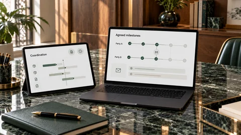 Illustrative elektronische Prüfung zu „Treu und Glauben bei der Vertragserfüllung“ auf einem schwarzen Laptop an einem grünen Marmorschreibtisch
