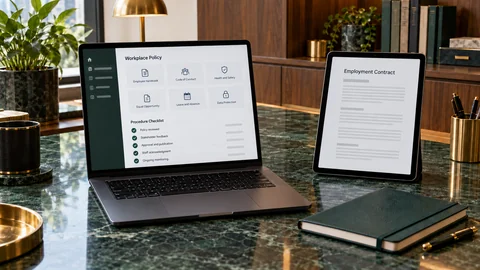 Illustrative elektronische Prüfung zu „Arbeitsrecht und genehmigte Arbeitsordnungen als Grundlage transparenter Behandlung“ auf einem schwarzen Laptop an einem grünen Marmorschreibtisch