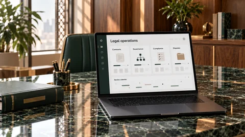 Illustrative elektronische Prüfung zu „Unternehmensinterne Rechtsabteilungen: Kompetenz zum Schutz von Rechten und zur Unterstützung fundierter Entscheidungen“ auf einem schwarzen Laptop an einem grünen Marmorschreibtisch