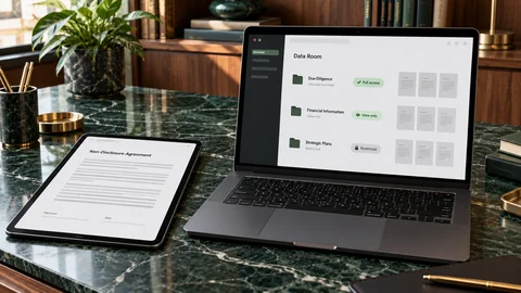 Illustrative elektronische Prüfung zu „Ein Investor hat eine Geheimhaltungsvereinbarung unterzeichnet: Sollten nun alle Dateien zugänglich sein?“ auf einem schwarzen Laptop an einem grünen Marmorschreibtisch