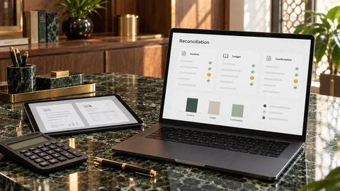Illustrative elektronische Prüfung zu „Rechnungen, Kontoaufstellungen und Saldenbestätigungen“ auf einem schwarzen Laptop an einem grünen Marmorschreibtisch