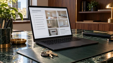 Illustrative elektronische Prüfung zu „Sie haben die Immobilie geräumt – ist Ihre Haftung damit beendet?“ auf einem schwarzen Laptop an einem grünen Marmorschreibtisch