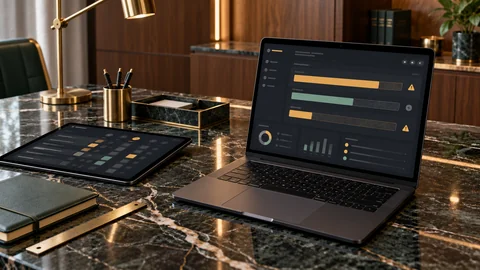 Illustrative elektronische Prüfung zu „Schadensersatz und vertragliche Haftungsobergrenzen“ auf einem schwarzen Laptop an einem grünen Marmorschreibtisch