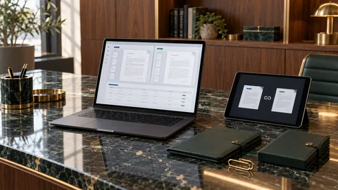 Illustrative elektronische Prüfung zu „Zwei Dokumente für eine Transaktion: Wie sollten Sie sie lesen?“ auf einem schwarzen Laptop an einem grünen Marmorschreibtisch