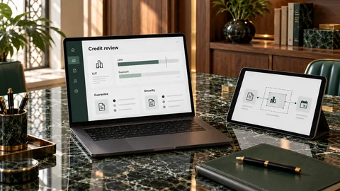 Illustrative elektronische Prüfung zu „Geschäfte auf Kredit mit Gesellschaften mit beschränkter Haftung“ auf einem schwarzen Laptop an einem grünen Marmorschreibtisch