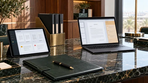 Illustrative elektronische Prüfung zu „Schließt die Entlastung der Geschäftsleitung Haftungsansprüche aus?“ auf einem schwarzen Laptop an einem grünen Marmorschreibtisch