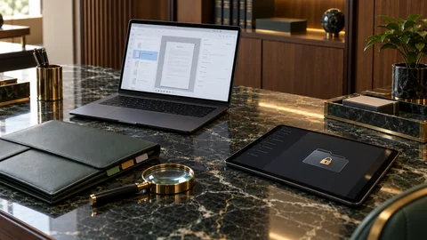 Illustrative elektronische Prüfung zu „Der Beweis befindet sich beim Gegner: Wie Sie seine Vorlage beantragen“ auf einem schwarzen Laptop an einem grünen Marmorschreibtisch