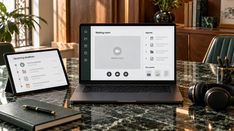 Illustrative elektronische Prüfung zu „Digitale Verfahrensinformationen verkürzen Entfernungen, nicht Verantwortlichkeiten“ auf einem schwarzen Laptop an einem grünen Marmorschreibtisch