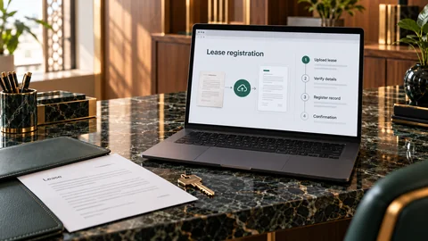 Illustrative elektronische Prüfung zu „Ein Mietvertrag auf Papier? Veranlassen Sie die Registrierung, bevor Sie Klage erheben“ auf einem schwarzen Laptop an einem grünen Marmorschreibtisch