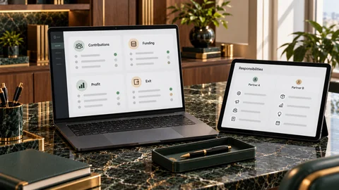 Illustrative elektronische Prüfung zu „Geschäftliche Partnerschaften: Vereinbaren Sie die Einzelheiten vor dem Start“ auf einem schwarzen Laptop an einem grünen Marmorschreibtisch