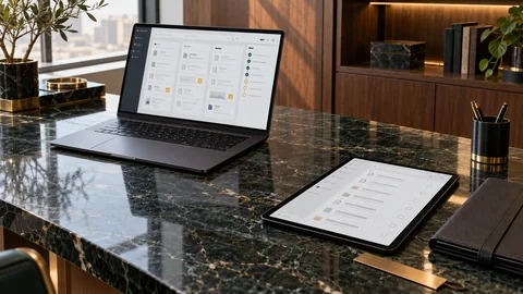 Illustrative elektronische Prüfung zu „Vor der Klageerhebung: Streitfrage, Anträge und Beweise ordnen“ auf einem schwarzen Laptop an einem grünen Marmorschreibtisch