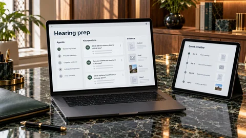 Illustrative elektronische Prüfung zu „Die anwaltliche Vertretung beginnt vor der Verhandlung: Bereiten Sie sich auf die entscheidenden Fragen vor“ auf einem schwarzen Laptop an einem grünen Marmorschreibtisch