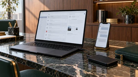 Illustrative elektronische Prüfung zu „WhatsApp und E-Mail als Beweismittel“ auf einem schwarzen Laptop an einem grünen Marmorschreibtisch