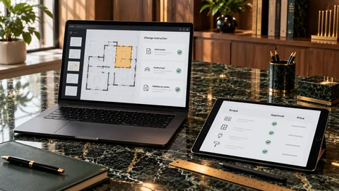 Illustrative elektronische Prüfung zu „Zusatzarbeiten: Können Sie nachweisen, dass der Auftraggeber sie angeordnet hat?“ auf einem schwarzen Laptop an einem grünen Marmorschreibtisch