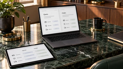 Illustrative elektronische Prüfung zu „Angebot und Bestellung weichen voneinander ab – welche Bedingungen gelten?“ auf einem schwarzen Laptop an einem grünen Marmorschreibtisch