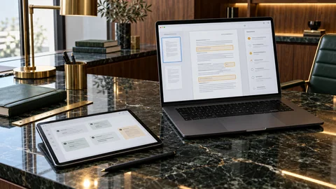 Illustrative elektronische Prüfung zu „Passt eine Vorlage zu Ihrem Unternehmen?“ auf einem schwarzen Laptop an einem grünen Marmorschreibtisch