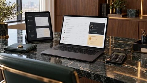 Illustrative elektronische Prüfung zu „Eigenwechsel mit Kundenabrufen und Zahlungen abgleichen“ auf einem schwarzen Laptop an einem grünen Marmorschreibtisch
