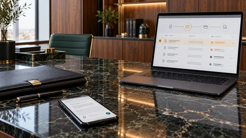 Illustrative elektronische Prüfung zu „Zahlungsverzug: Schützen Sie Ihre Rechte und die Kundenbeziehung“ auf einem schwarzen Laptop an einem grünen Marmorschreibtisch