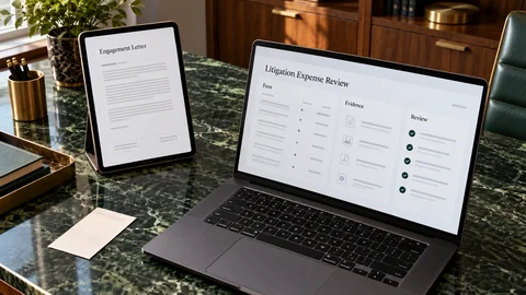 Illustrative elektronische Prüfung zu „Sie haben den Prozess gewonnen: Können Sie Ihre Anwaltskosten zurückfordern?“ auf einem schwarzen Laptop an einem grünen Marmorschreibtisch