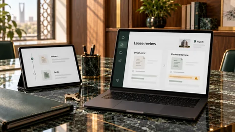 Illustrative elektronische Prüfung zu „Mieten in Riad: Verstehen Sie die zulässige Grenze und schützen Sie Ihr Mietverhältnis“ auf einem schwarzen Laptop an einem grünen Marmorschreibtisch