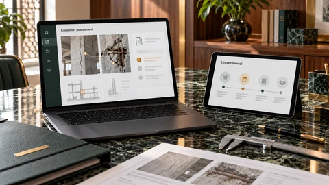 Illustrative elektronische Prüfung zu „Gebäudesicherheitsberichte und Verlängerung von Mietverträgen in Riad“ auf einem schwarzen Laptop an einem grünen Marmorschreibtisch