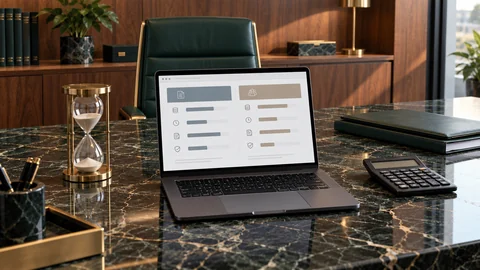 Illustrative elektronische Prüfung zu „Vergleich: Wann ist eine Einigung wirtschaftlich sinnvoll?“ auf einem schwarzen Laptop an einem grünen Marmorschreibtisch