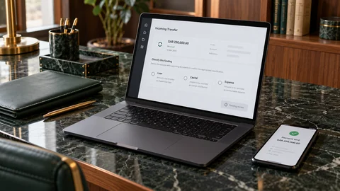 Illustrative elektronische Prüfung zu „Geldzahlungen an Ihr Unternehmen: Darlehen oder Kapitaleinlage?“ auf einem schwarzen Laptop an einem grünen Marmorschreibtisch