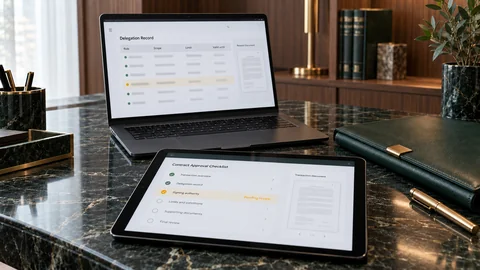 Illustrative elektronische Prüfung zu „Wer darf für ein Unternehmen unterschreiben?“ auf einem schwarzen Laptop an einem grünen Marmorschreibtisch