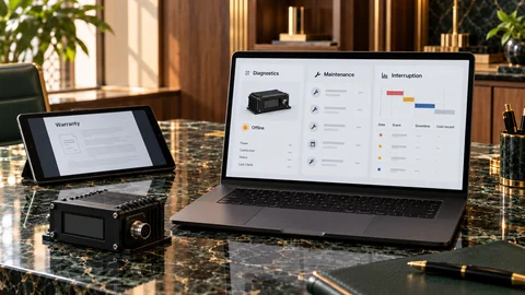 Illustrative elektronische Prüfung zu „Die Anlage steht unter Garantie – wer trägt die Kosten des Stillstands?“ auf einem schwarzen Laptop an einem grünen Marmorschreibtisch